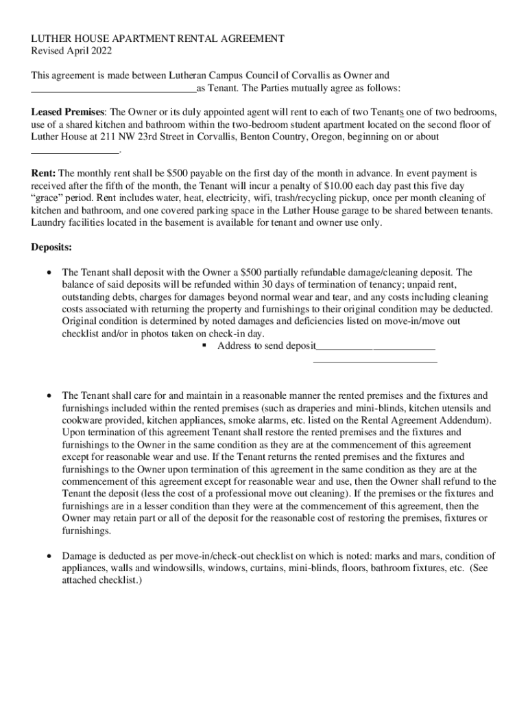 Fillable Online LUTHER HOUSE APARTMENT RENTAL AGREEMENT Revised Fax
