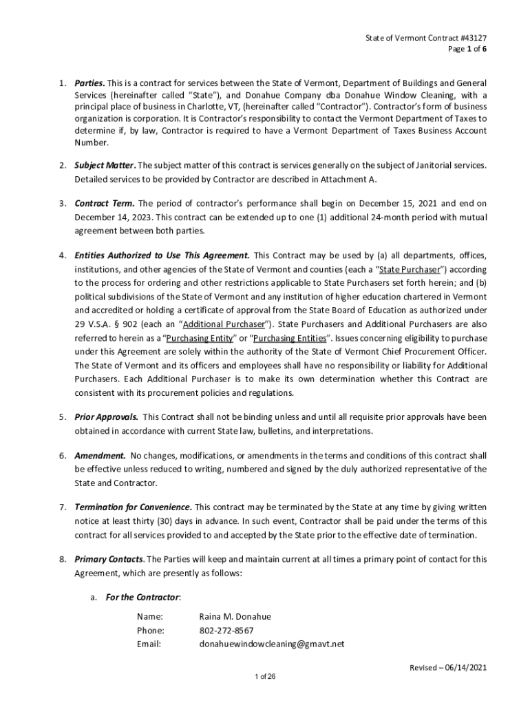Fillable Online bgs vermont State of Vermont Contract 43127 Page 1 of