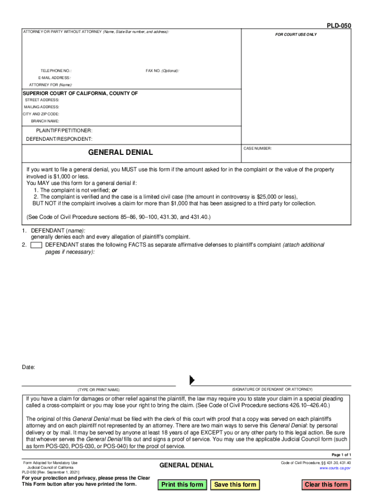 general denial template Preview on Page 1