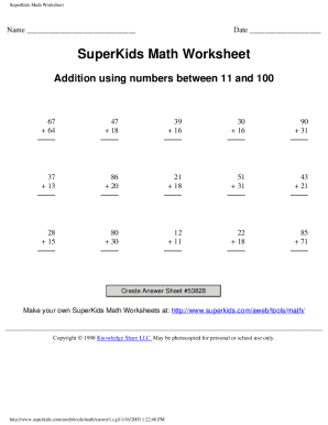 Fillable Online SuperKids Math Worksheet Creator - Basic Addition with ...