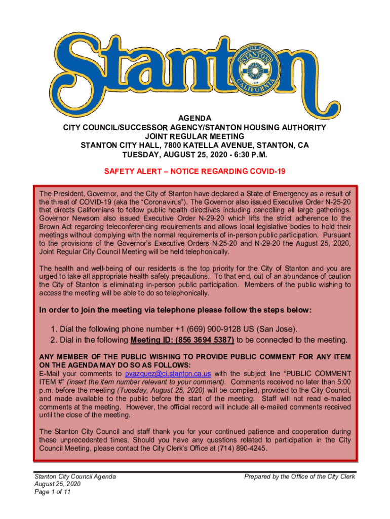 Fillable Online CITY OF STANTON STANTON CITY HALL, 7800 KATELLA Fax