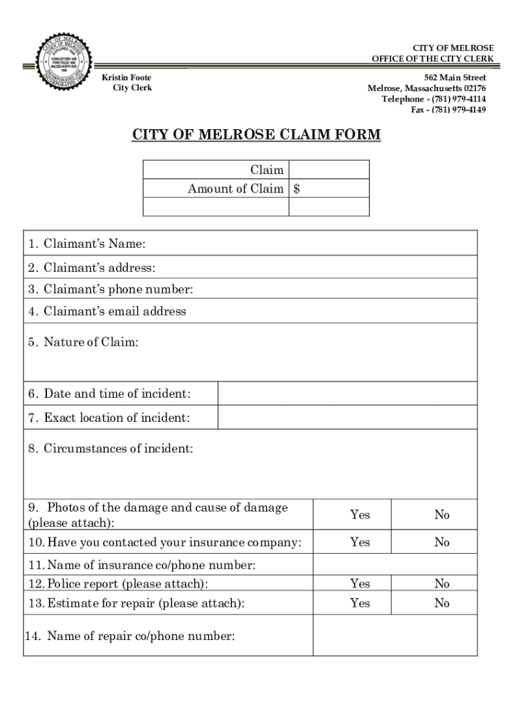 Fillable Online city of melrose claim form Fax Email Print pdfFiller