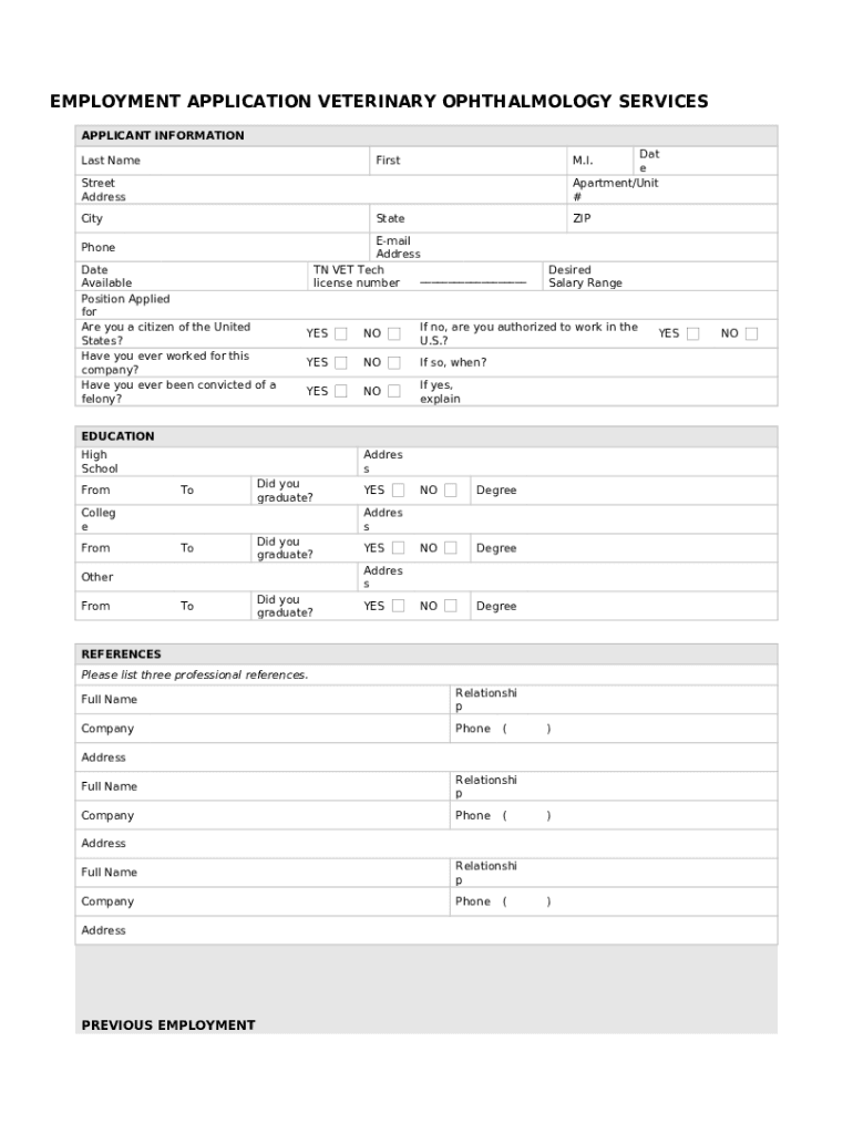 Employment Application veterinary ophthalmology services Doc Template ...