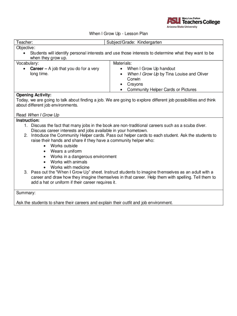Fillable Online When I Grow Up Lesson Plan Teacher Subject/Grade