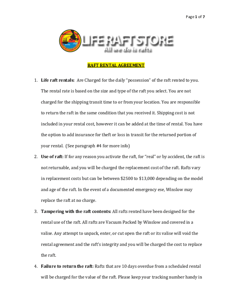 Fillable Online RAFT RENTAL AGREEMENT 1. Life raft rentals Are Charged