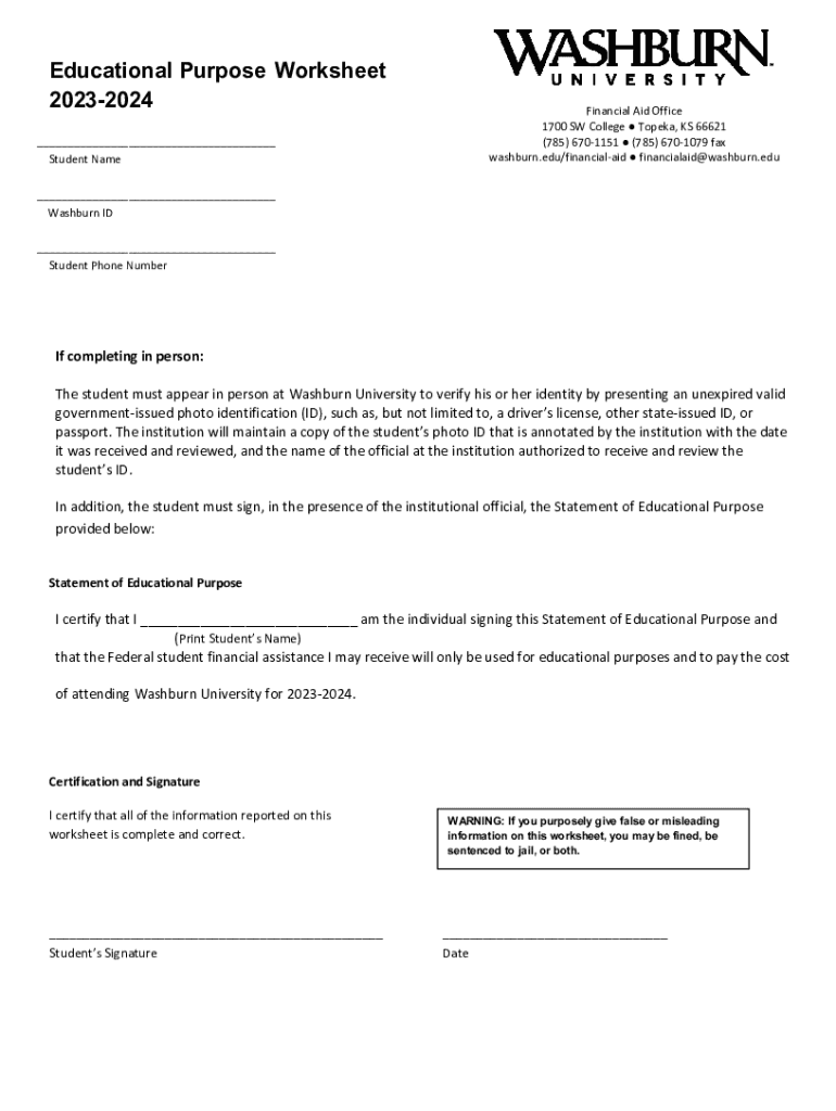 Fillable Online Fillable Online Financial Aid Washburn University Fax