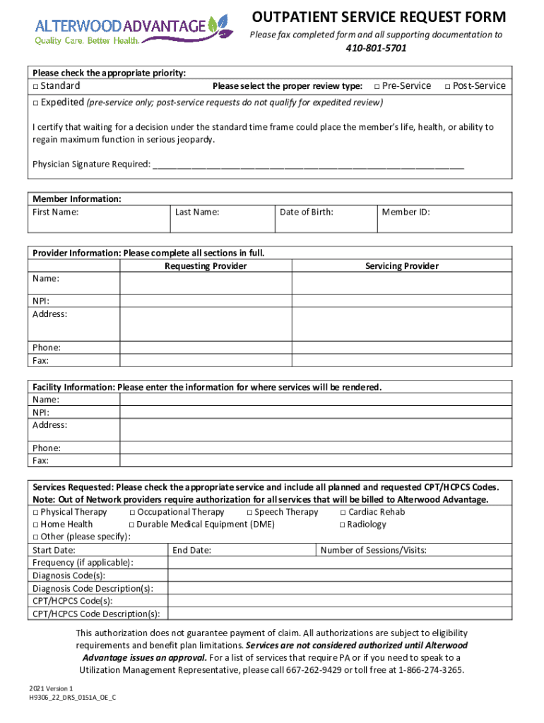 Fillable Online Outpatient Service Request Form Alterwood Advantage Fax ...