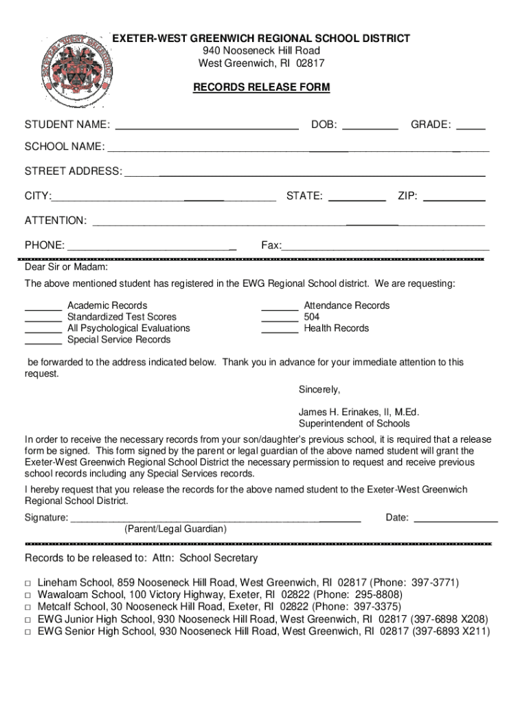 Fillable Online ExeterWest Greenwich Regional High School Transcript