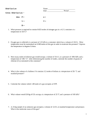 Ideal Gas Law Worksheet