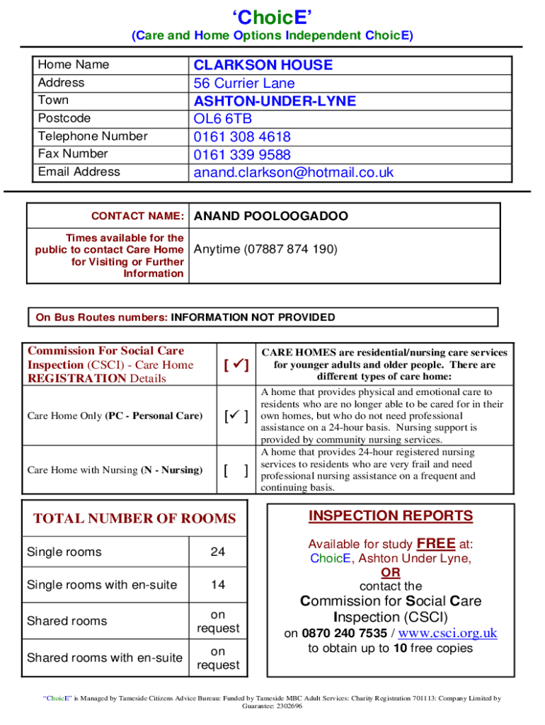 Fillable Online Clarkson House Residential Care HomeCare Choices Fax