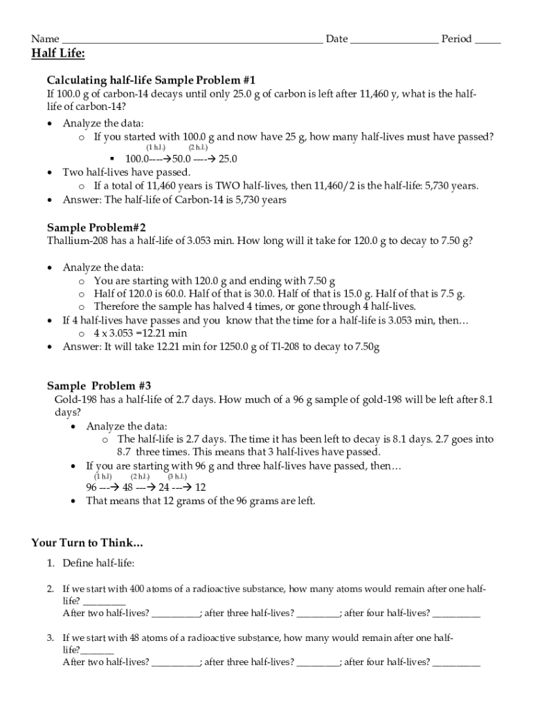 Fillable Online Half life Worksheet Fax Email Print PdfFiller