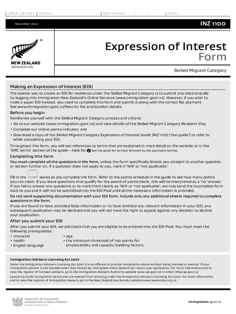 NZ's Expression of Interest (EOI) form for the Skilled Preview on Page 1