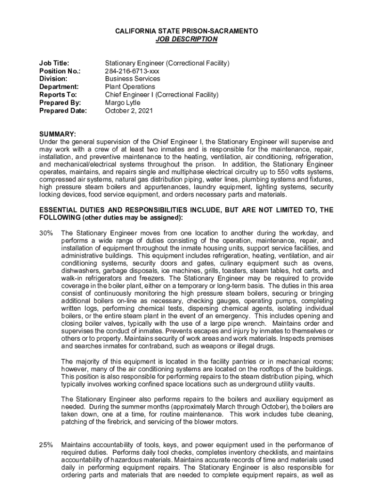 Fillable Online Stationary Engineer (Correctional Facility) Position No