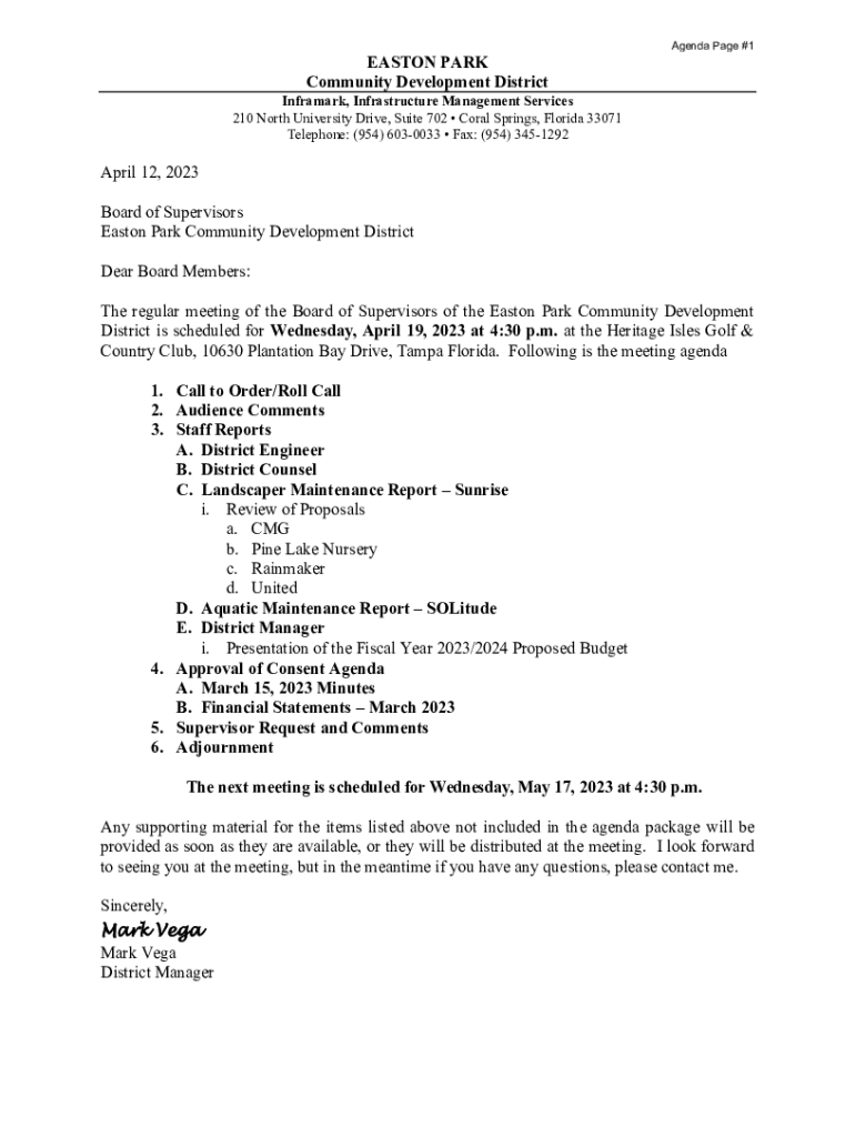 Fillable Online EASTON PARK Community Development District Fax Email