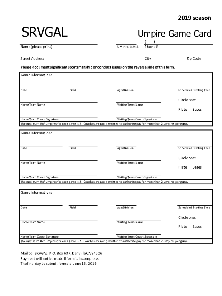 Fillable Online Umpire Game Card Fax Email Print - pdfFiller