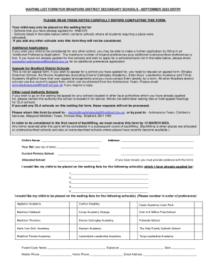 waiting list form for bradford district secondary schools