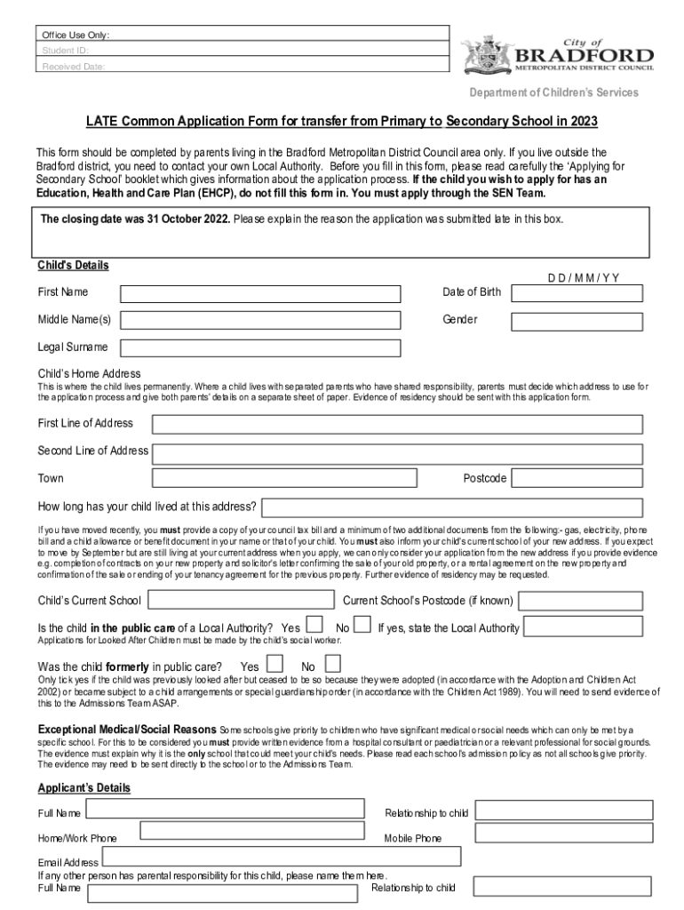 Fillable Online Late Y7 Application Form Fax Email Print PdfFiller