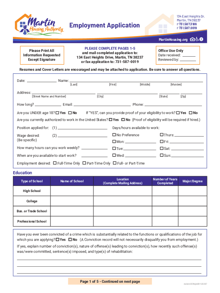 Employment Application - Martin Housing Authority Preview on Page 1