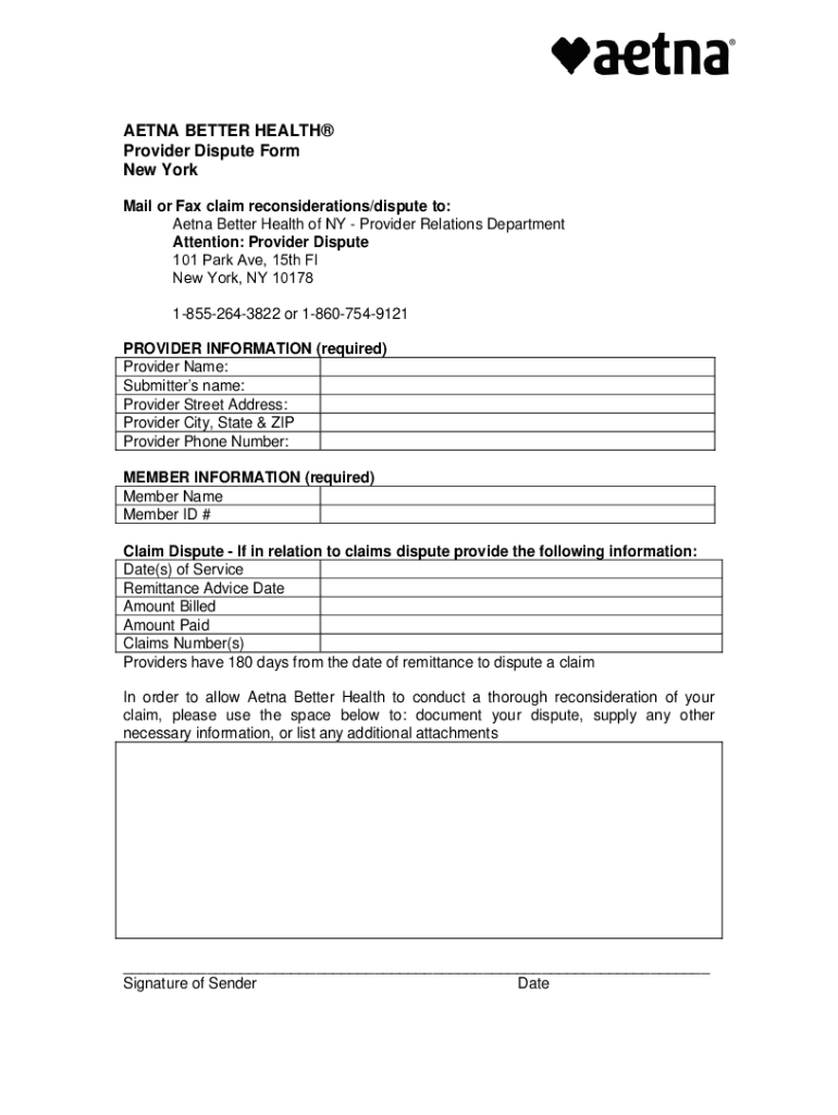 Fillable Online Aetna Better Health NY Provider Dispute Form Fax Email