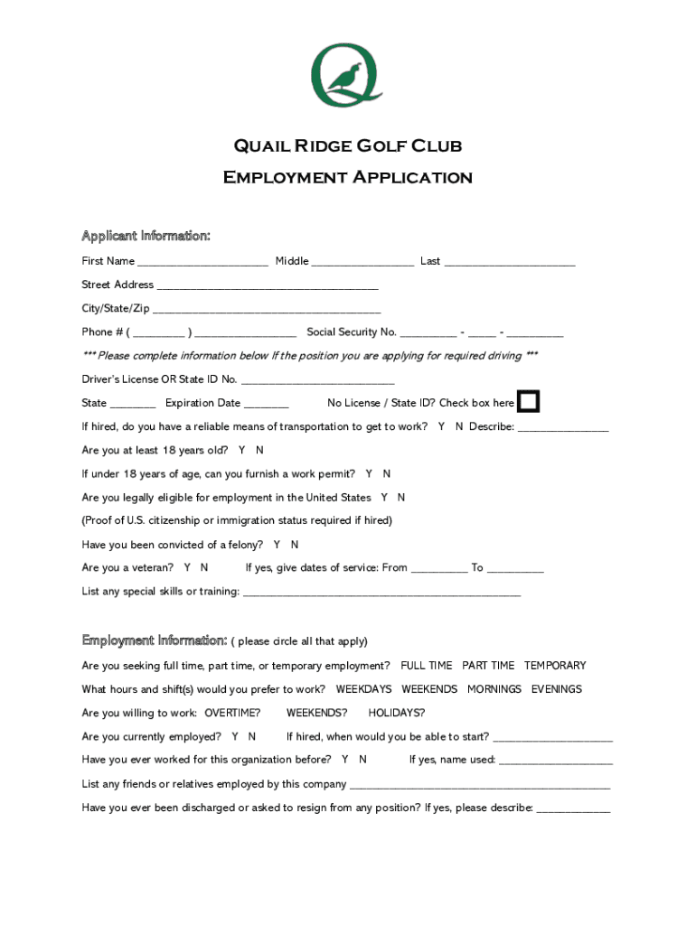 Fillable Online Quail Ridge Golf Club Employment Application Fax Email