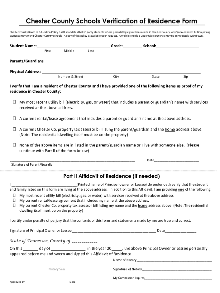 Fillable Online Chester County Schools Verification of Residence Form ...