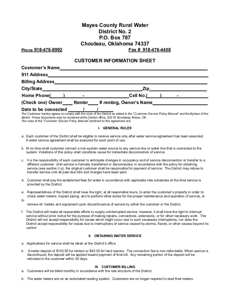 Fillable Online Mayes County Rural Water District No. 2 P.O. Box 787