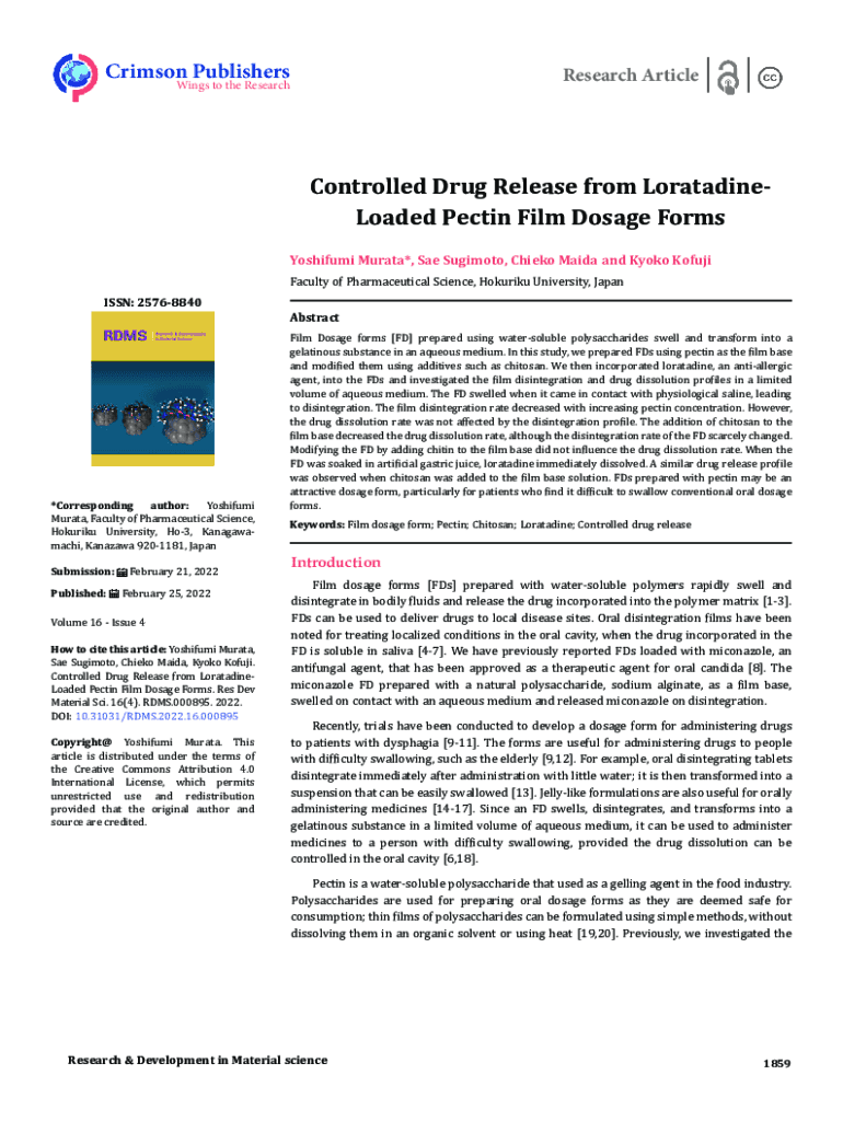 Fillable Online Controlled Drug Release from LoratadineLoaded Pectin