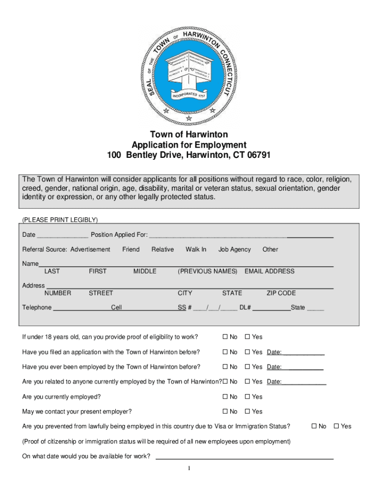 Fillable Online Town of Harwinton Application for Employment 100