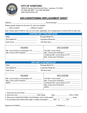 Fillable Online AIR-CONDITIONING REPLACEMENT SHEET - City of Aventura ...