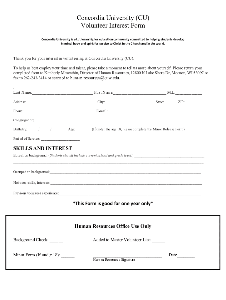 Fillable Online falcon cuw Concordia University (CU) Volunteer Interest