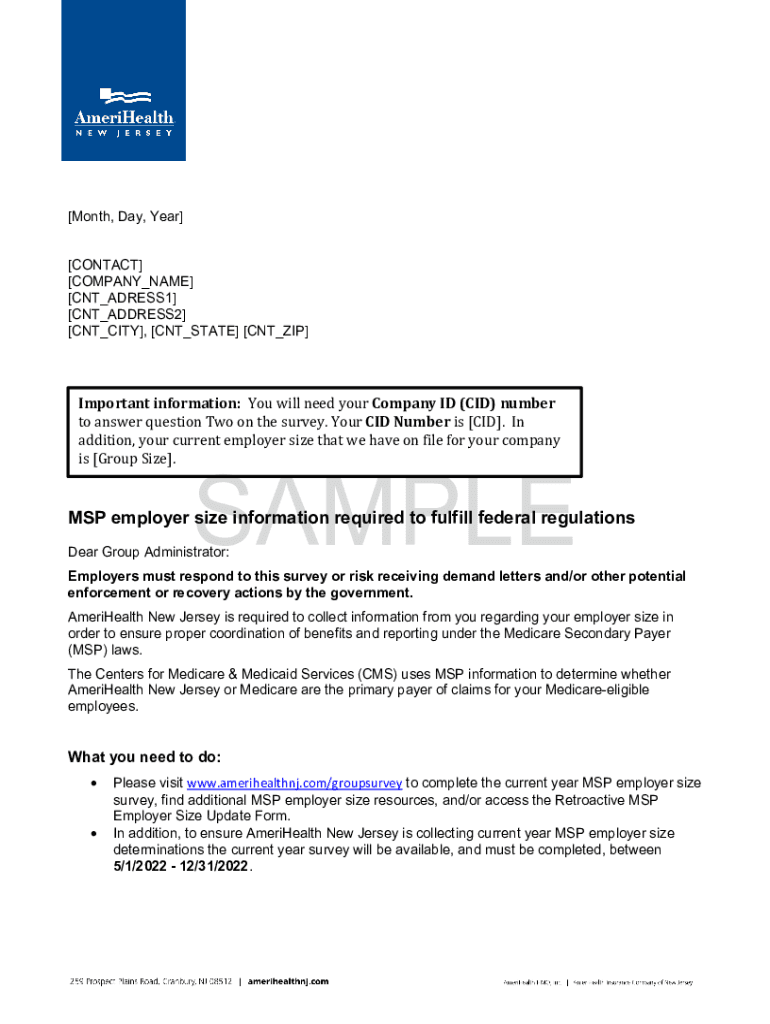 Fillable Online MSP employer size information sample letter. MSP survey
