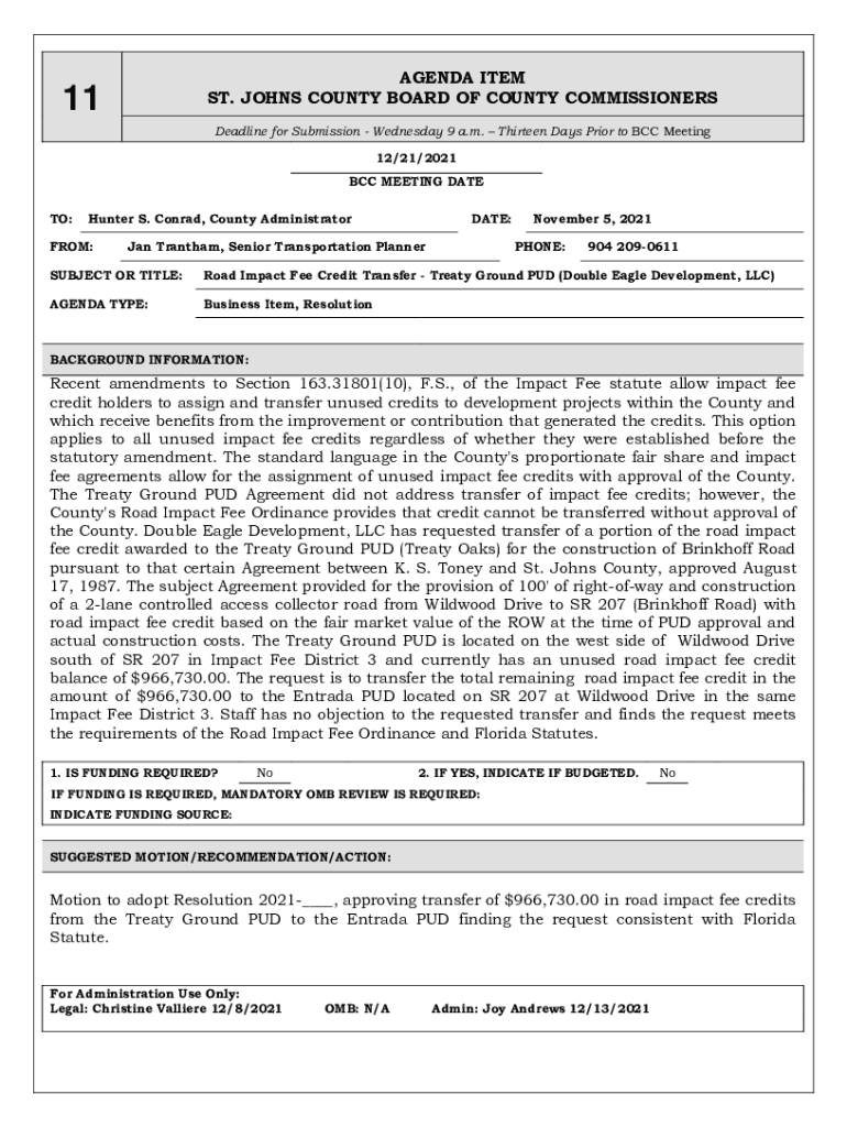 Fillable Online Road Impact Fee Credit Transfer Treaty Ground PUD