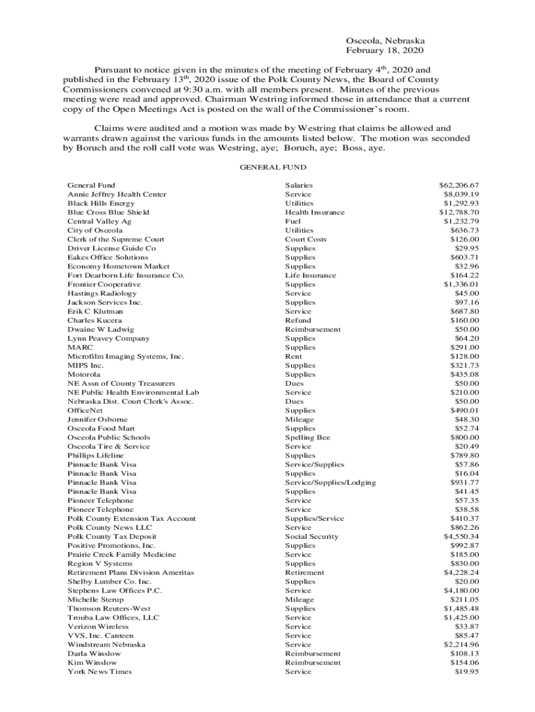 Fillable Online polkcounty nebraska Osceola, Nebraska February 18, 2020