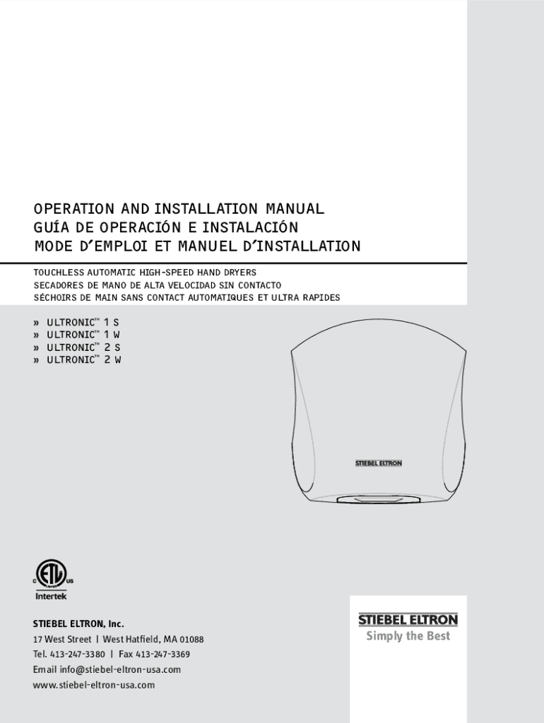Completable En línea Hand Dryer Installation & User Manual Fax Email