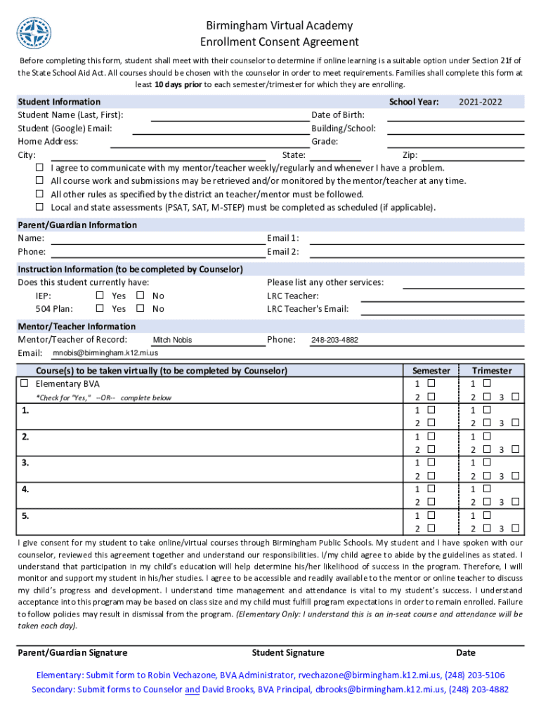 Fillable Online Birmingham Virtual Academy Enrollment Consent Agreement