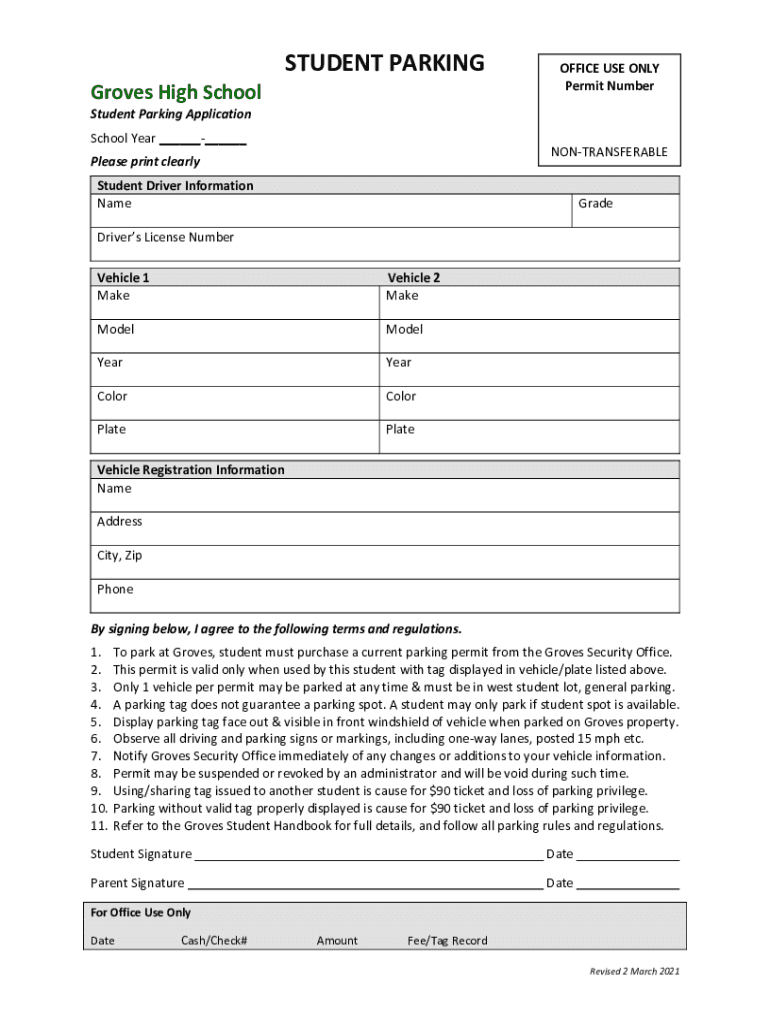 Fillable Online Groves Student Parking Application Fax Email Print