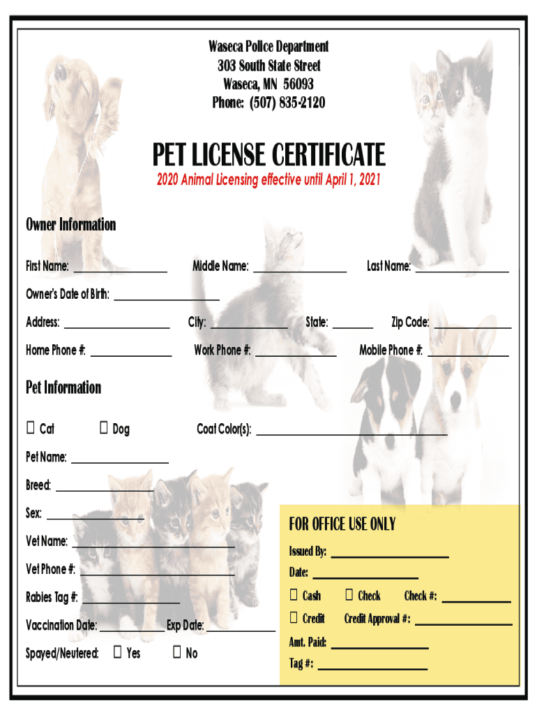 Fillable Online Exotic Pet License Certificate City of Waseca Fax