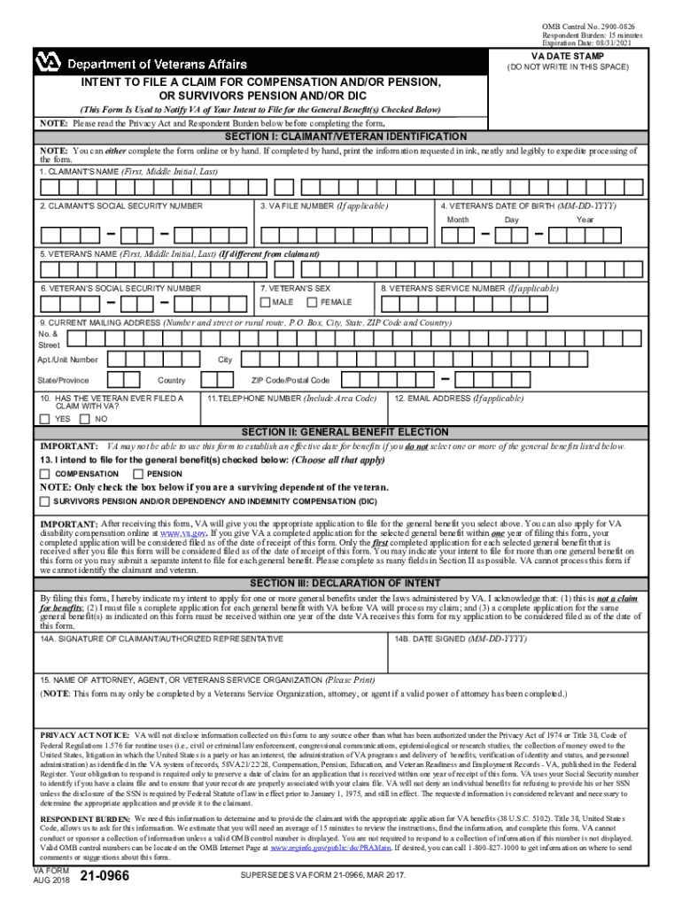 Fillable Online VA Form 21 0966 INTENT TO FILE A CLAIM FOR Fillable Online VA Form 21 0966 INTENT TO FILE A CLAIM FOR