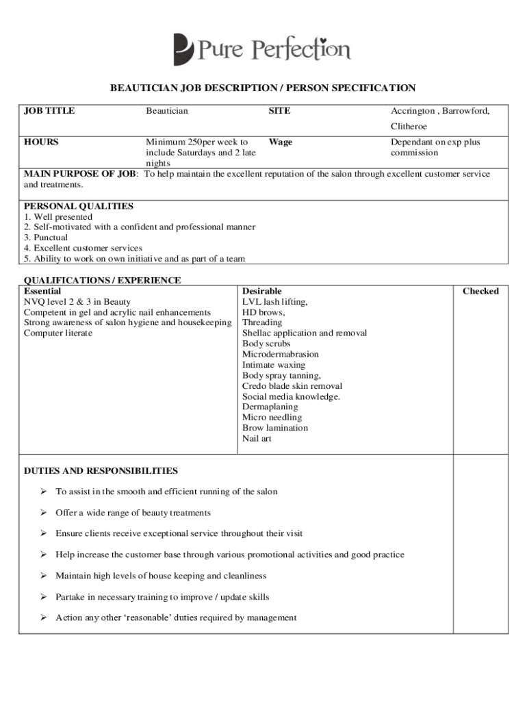 Fillable Online BEAUTICIAN JOB DESCRIPTION / PERSON SPECIFICATION Fax