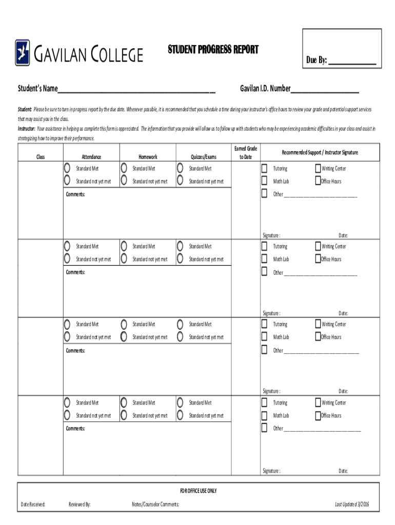 college student progress report Preview on Page 1