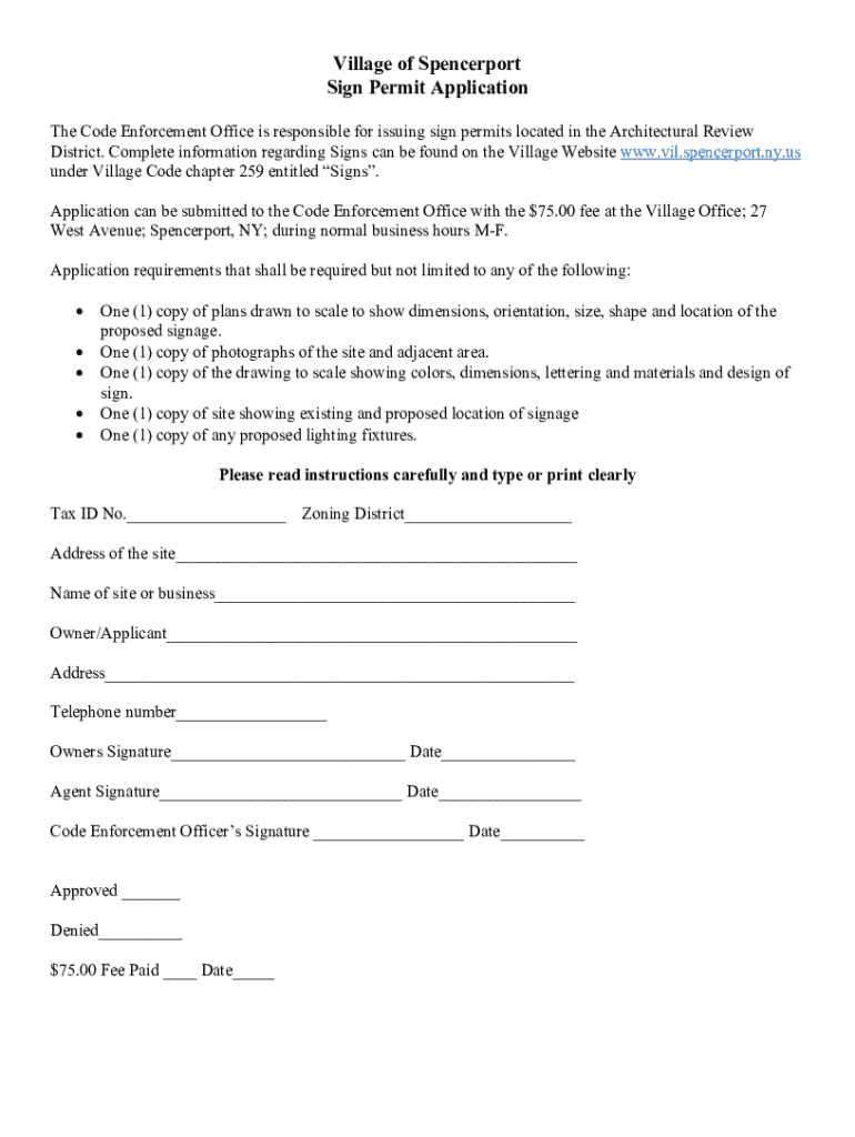 Fillable Online vil spencerport ny Village of Spencerport Sign Permit