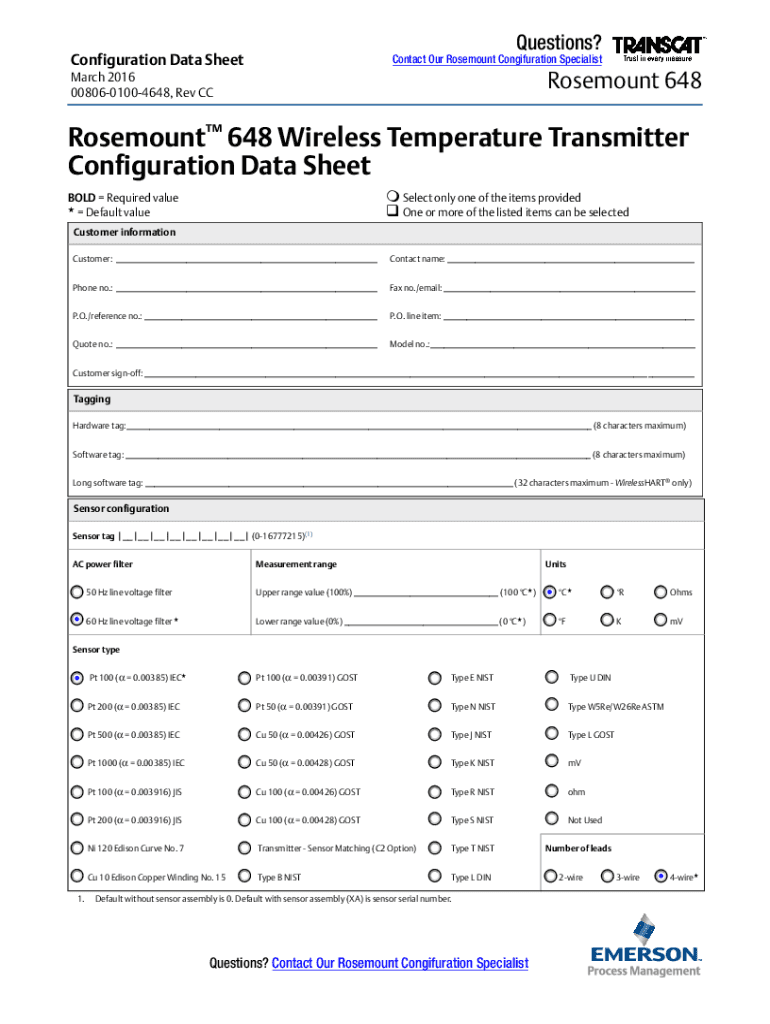 Fillable Online Configuration Data Sheet Rosemount 648 Wireless