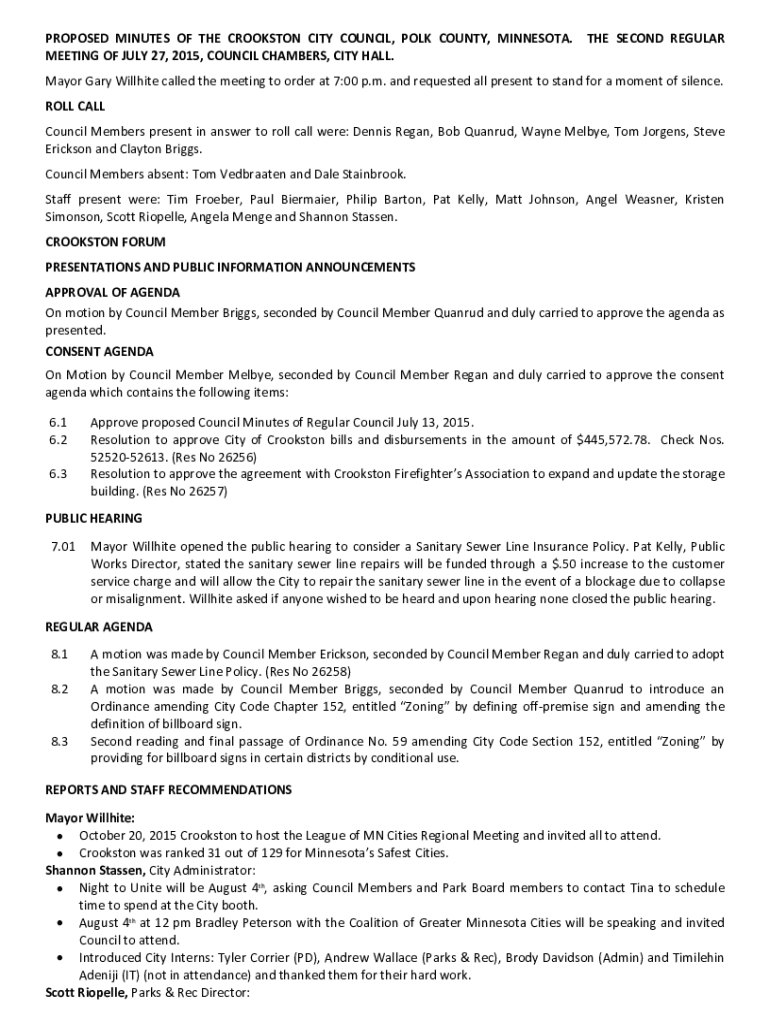 Fillable Online www2 crookston mn Crookston City Council Kids make a