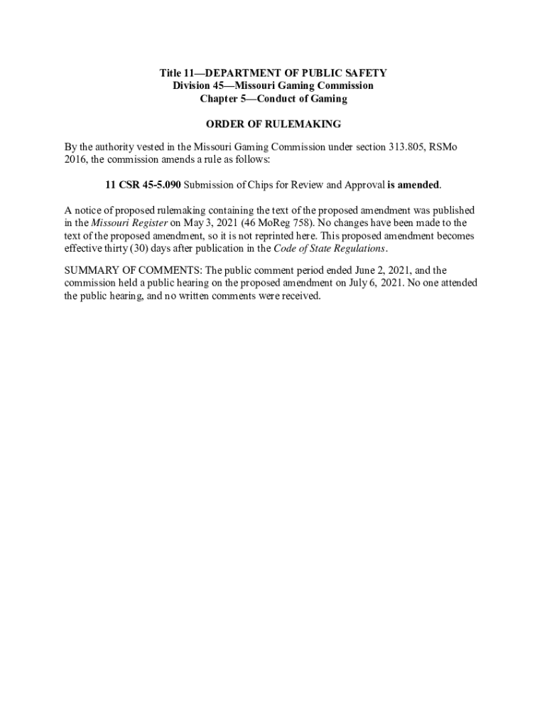 Fillable Online Final Order of Rule Making Missouri Gaming Commission