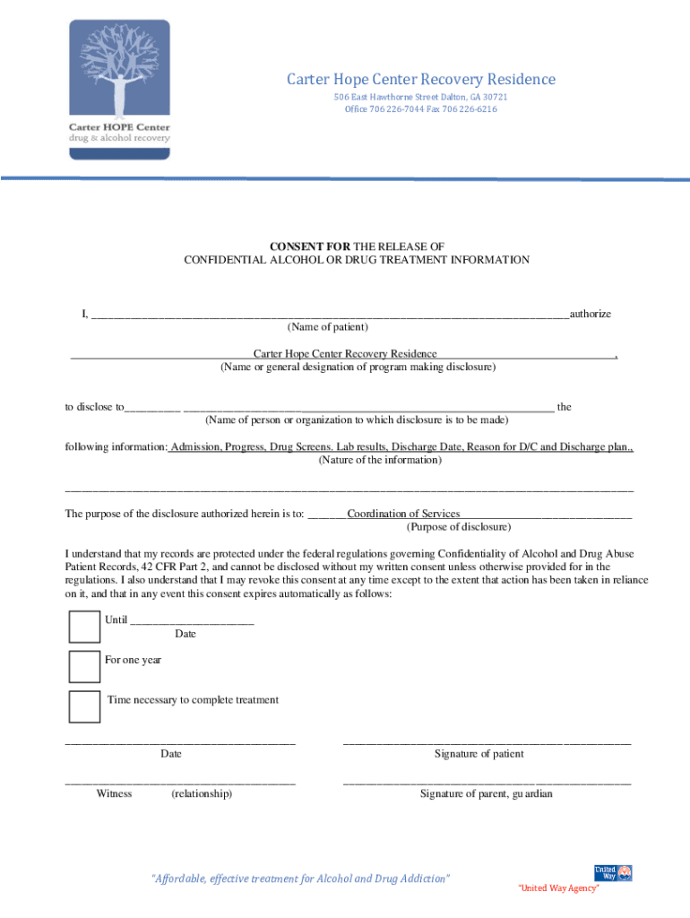 Fillable Online Carter Hope Center, Drug And Alcohol Recovery Fax Email