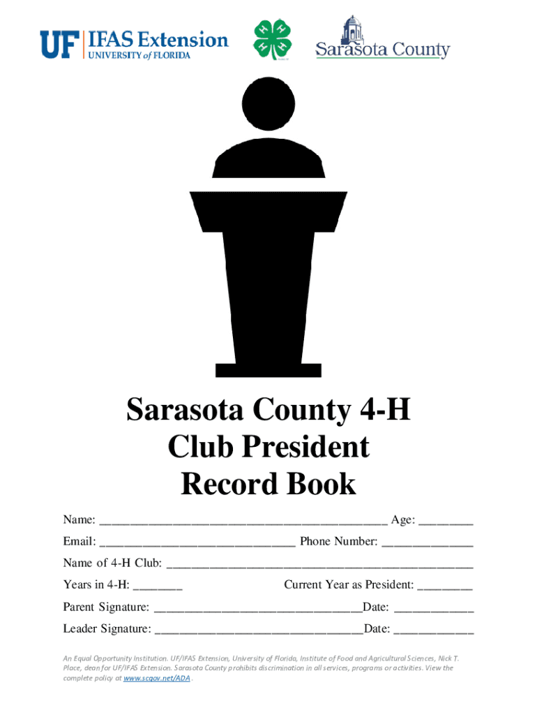 Fillable Online sfyl ifas ufl Sarasota County 4H Club President Record