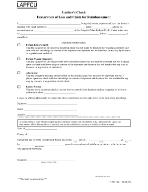 Affidavit of Loss Cashier Check
