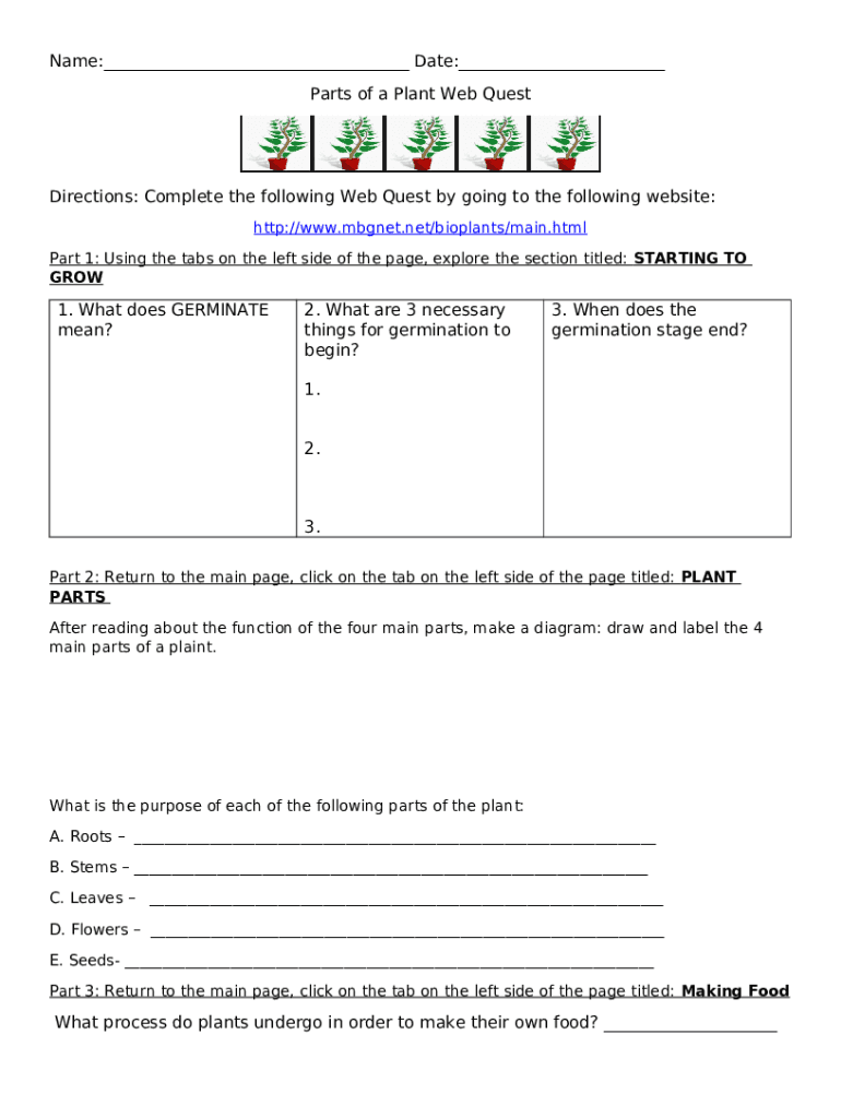Parts Of A Plant Web Quest Doc Template Pdffiller