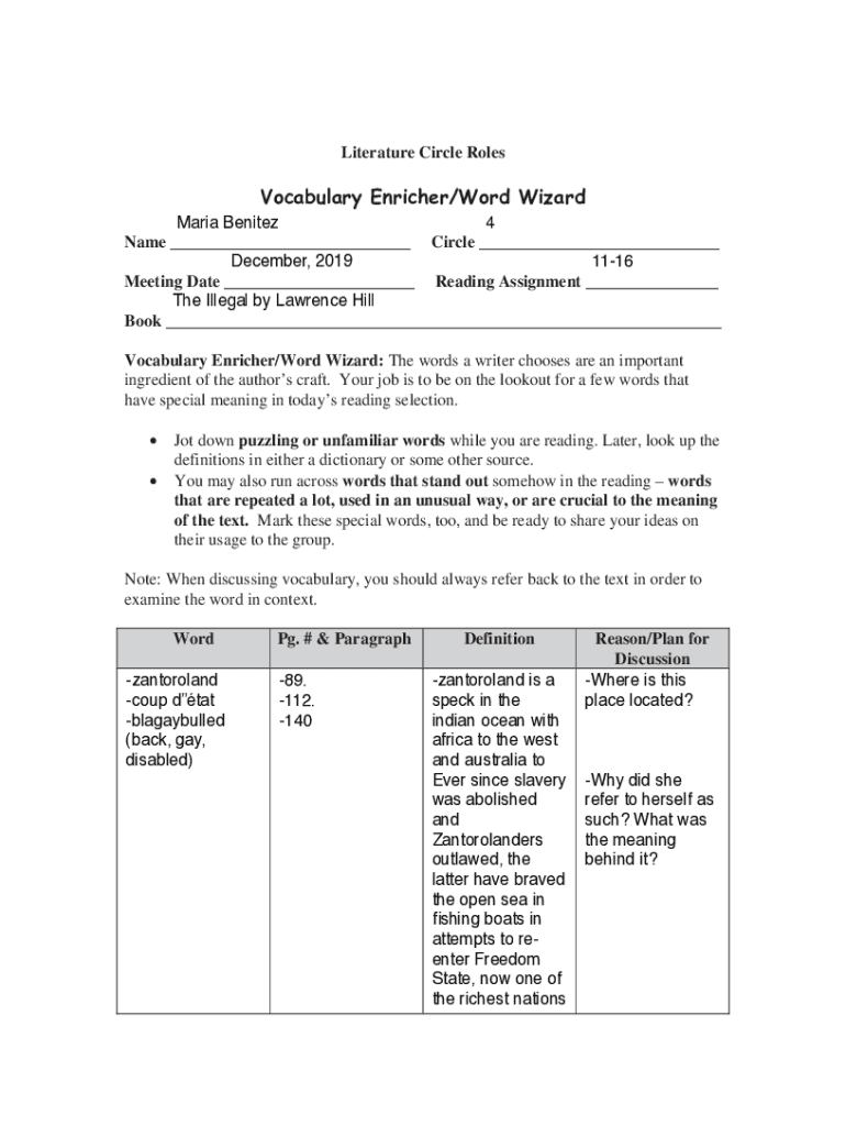Fillable Online Literature Circle Roles Vocabulary Enricher/Word