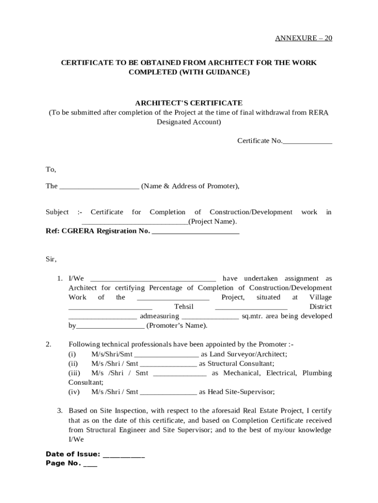 (See Rule 5(1)(a)(ii)) ARCHITECT'S CERTIFICATE RERA Doc Template pdfFiller